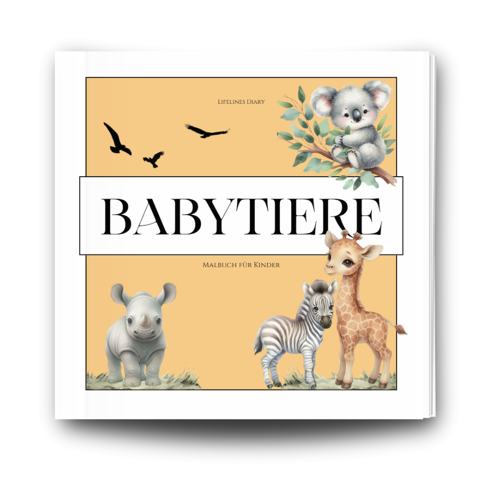 Oranges Cover mit einer Baby-Giraffe, einem Baby-Zebra, einem Baby-Nashorn und einem Baby-Koala.