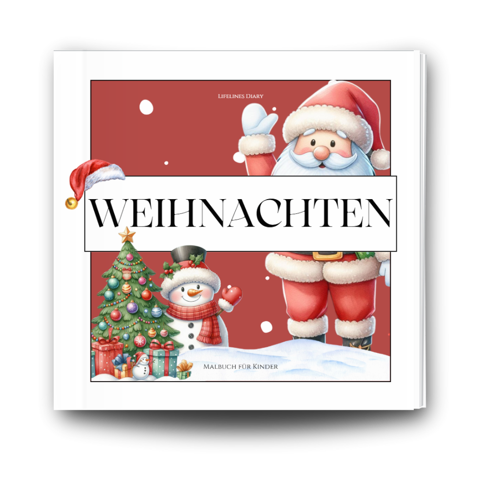 Weihnachtliches Cover von einem Malbuch für Kinder für Weihnachten. Mit Kurzgeschichten zu Weihnachten.
