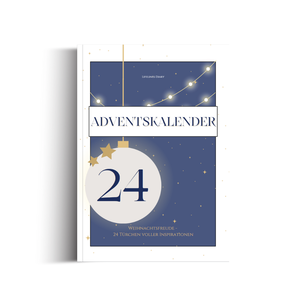 Adventskalender Cover - Man sieht eine Weihnachtskugel mit der 24 abgebildet. Alles im blau-goldenen Design.