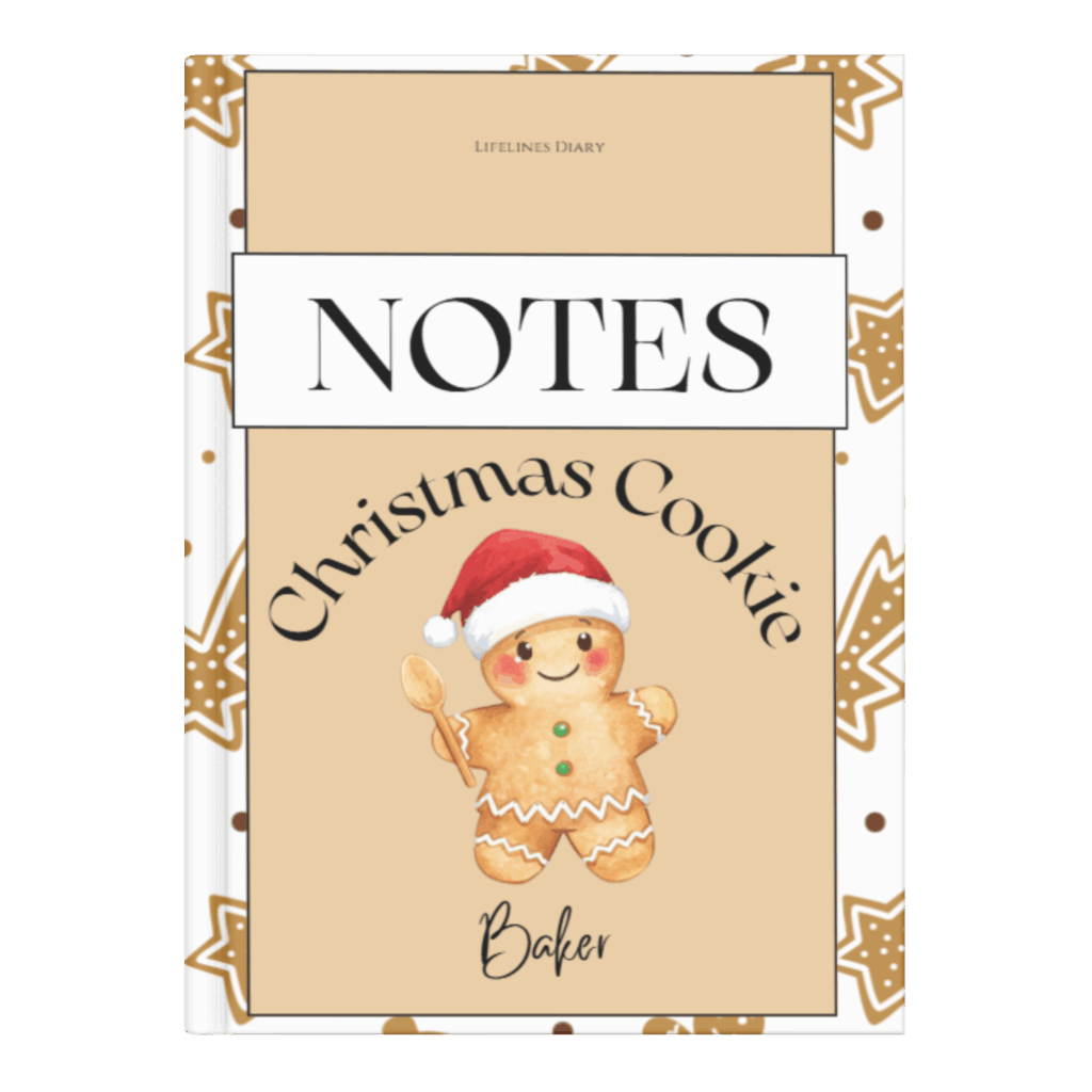 Cover vom Notizbuch Christmas Cookie Baker. Man sieht ein Lebkuchenmännchen mit Weihnachtsmütze und Kochlöffel in der Hand.