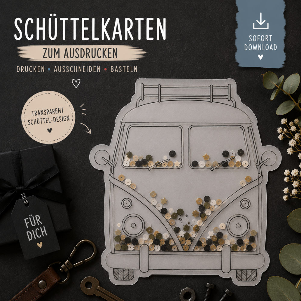 Digitale Schüttelkarte mit Retro-Camper als PDF-Vorlage zum Ausdrucken für kreative Geldgeschenke, Campingurlaub und Reisegutscheine.