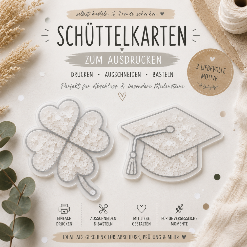 Digitale Schüttelkarten mit Absolventenhut und Glücksklee als PDF-Vorlage zum Ausdrucken für Geldgeschenke und Gutscheine zum Abschluss.