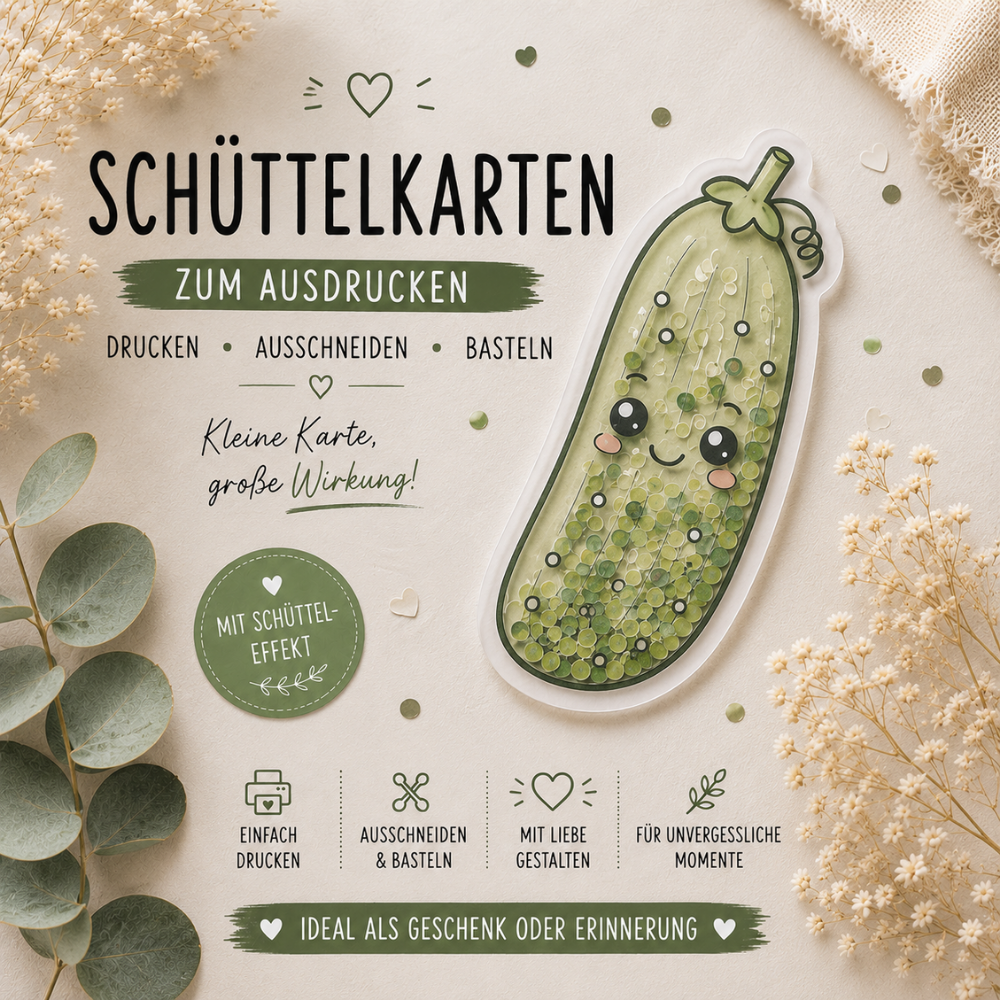 Digitale Schüttelkarte in Form einer Gurke als PDF-Vorlage zum Ausdrucken für witzige Geldgeschenke, Gutscheine und humorvolle Überraschungen.