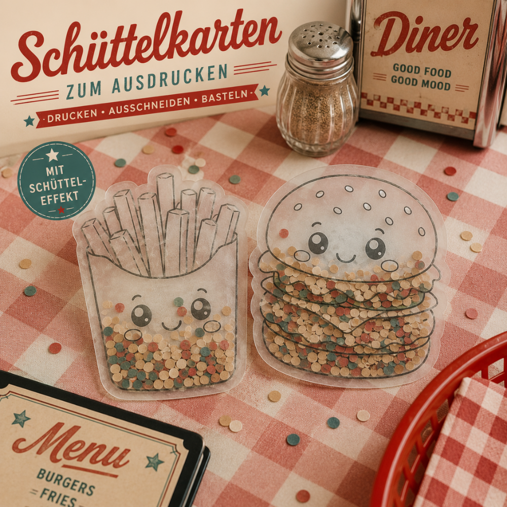 Digitale PDF-Vorlage mit Burger, Pommes und Milchshake. Perfekt als kreative Geschenkverpackung für Restaurantgutscheine, Geldgeschenke und Überraschungen für Foodies.