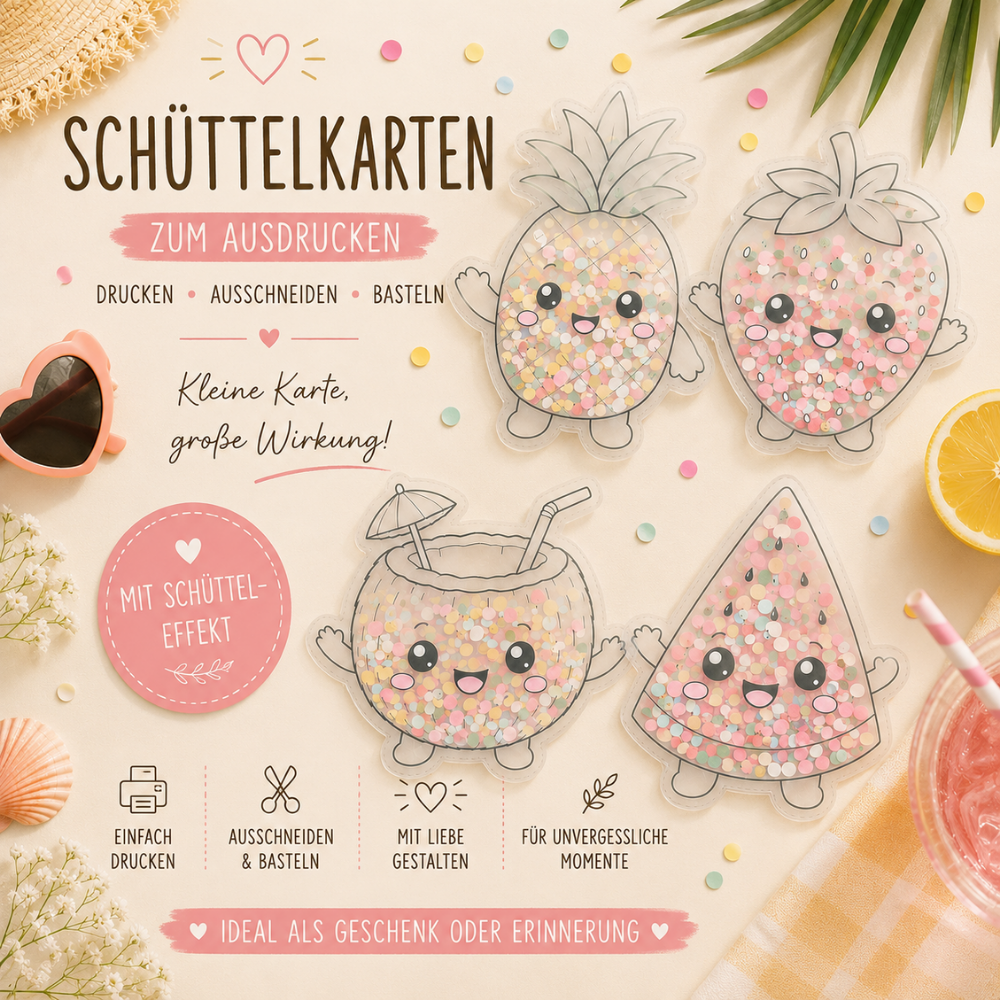 Digitale Schüttelkarten mit Zitrone, Wassermelone, Erdbeere, Kokosnuss und Ananas als PDF-Vorlage zum Ausdrucken für kreative Geldgeschenke und Gutscheine.