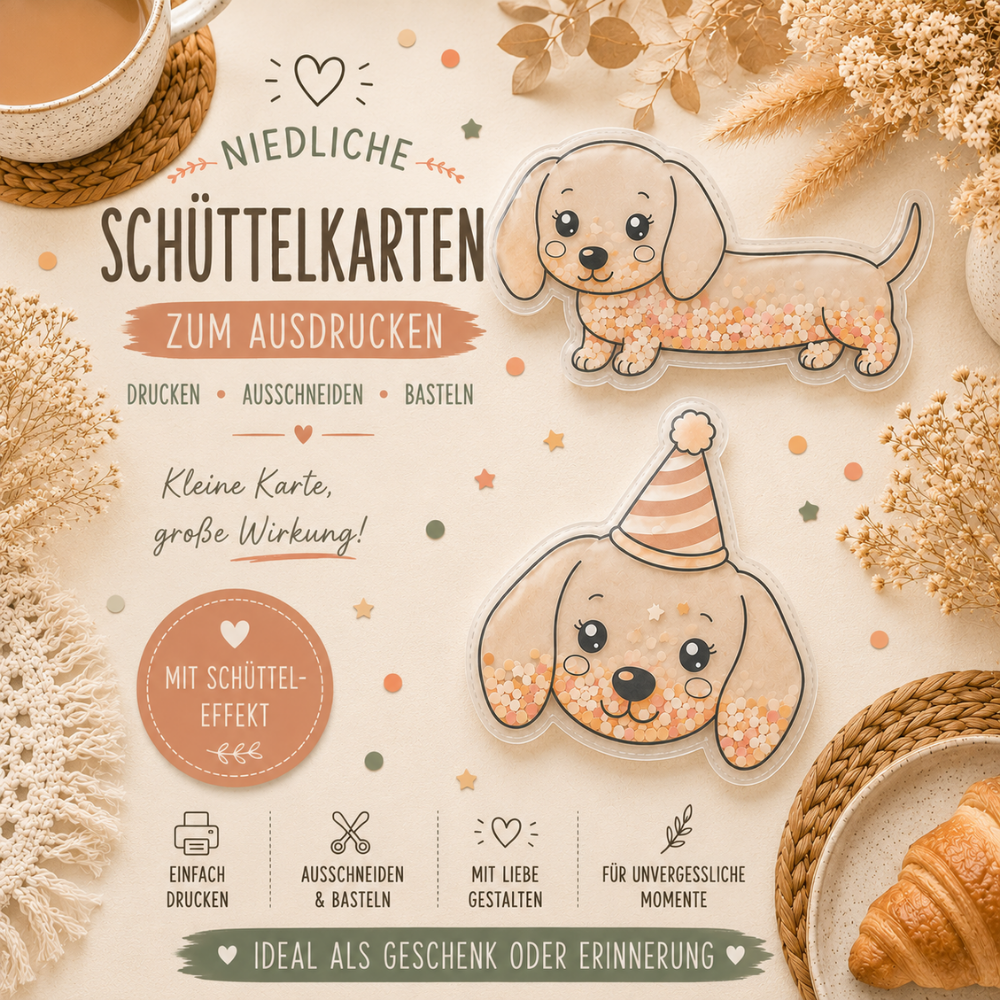 Digitale Schüttelkarten mit Dackel und Dackelkopf mit Partyhut als PDF-Vorlage zum Ausdrucken für Geldgeschenke und Gutscheine.
