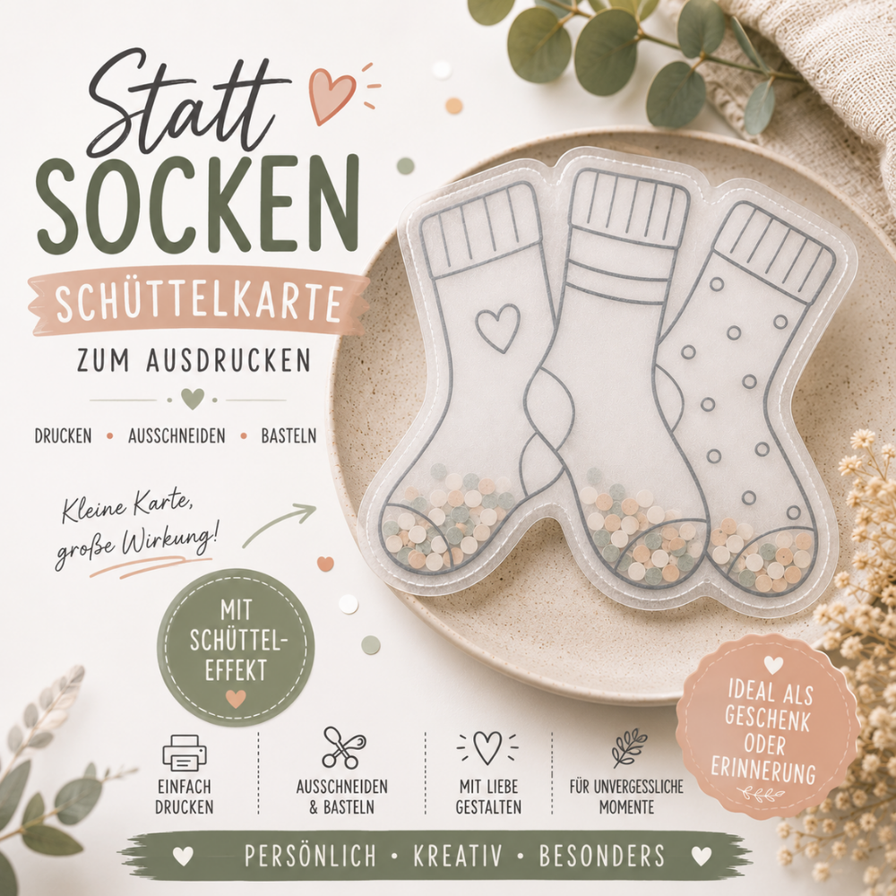 Digitale Schüttelkarte mit Socken als PDF-Vorlage zum Ausdrucken für kreative Geldgeschenke und Gutscheine.