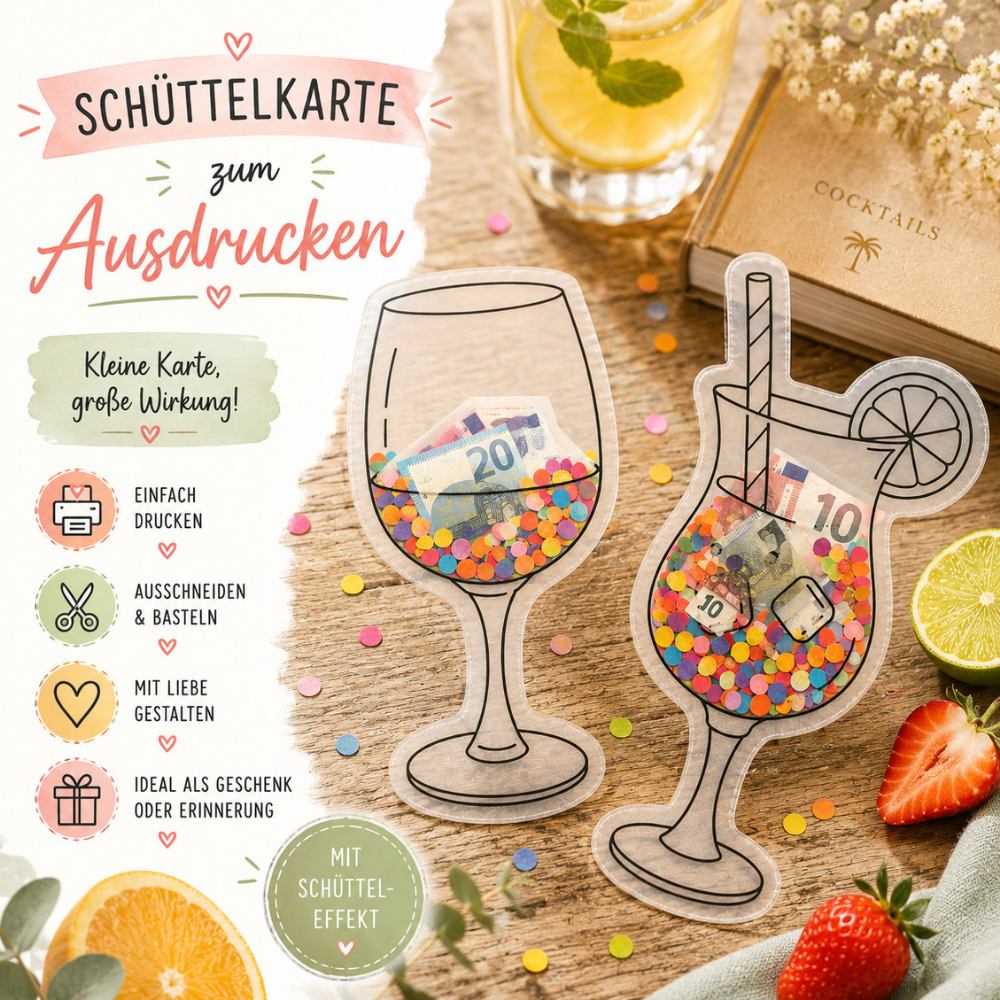 Digitale PDF-Vorlage mit Weinglas und Cocktailglas. Perfekt als kreative Geschenkverpackung für Geldgeschenke, Weinproben, Cocktailabende und Restaurant-Gutscheine.