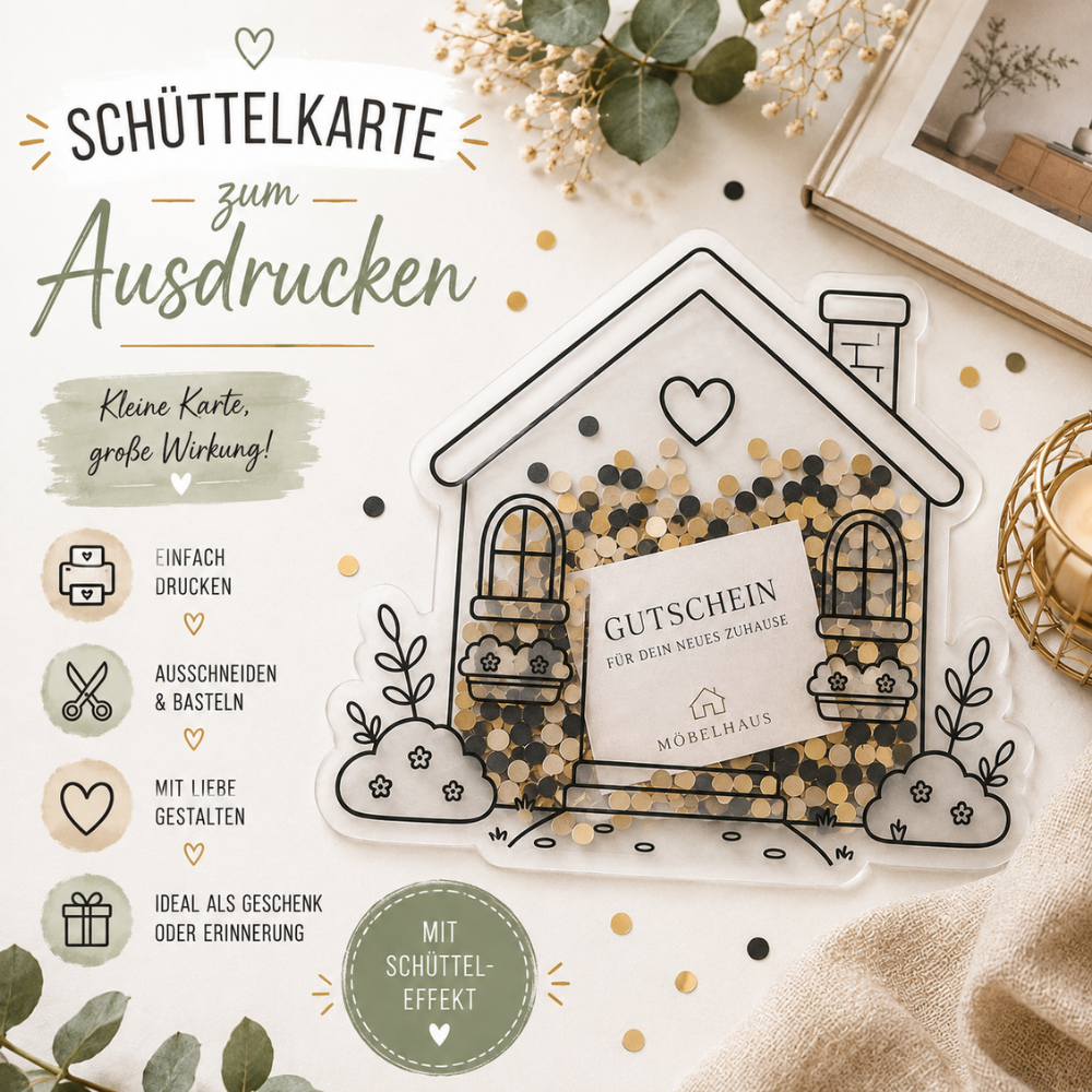 Digitale PDF-Vorlage einer Schüttelkarte in Form eines Hauses. Ideal als kreative Geschenkverpackung für Geldgeschenke, Gutscheine und Glückwünsche zum Einzug oder Hauskauf.