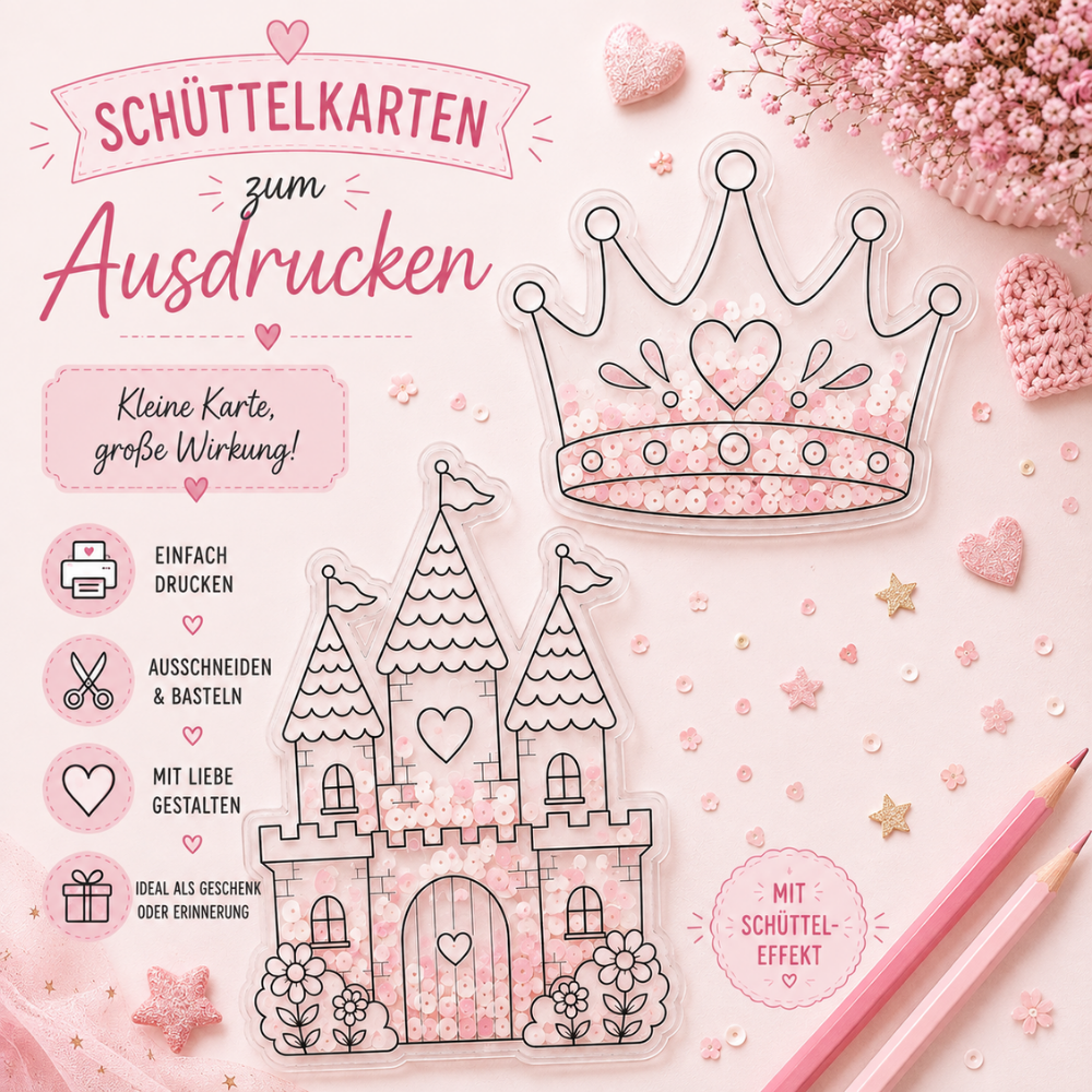 Digitale Schüttelkarten mit Prinzessinnenschloss und Krone als PDF-Vorlage zum Ausdrucken für kreative Geldgeschenke und Gutscheine.