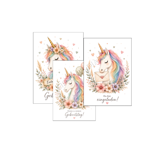 Einhorn Einladung zum Kindergeburtstag mit drei verschiedenen Motiven