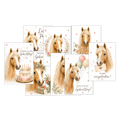 Pferde Einladung zum Kindergeburtstag mit 10 verschiedenen Haflinger Motiven