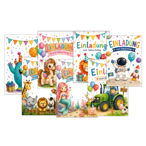 Bunte Kindergeburtstag Einladungen zum Ausdrucken mit 11 verschiedenen Motiven