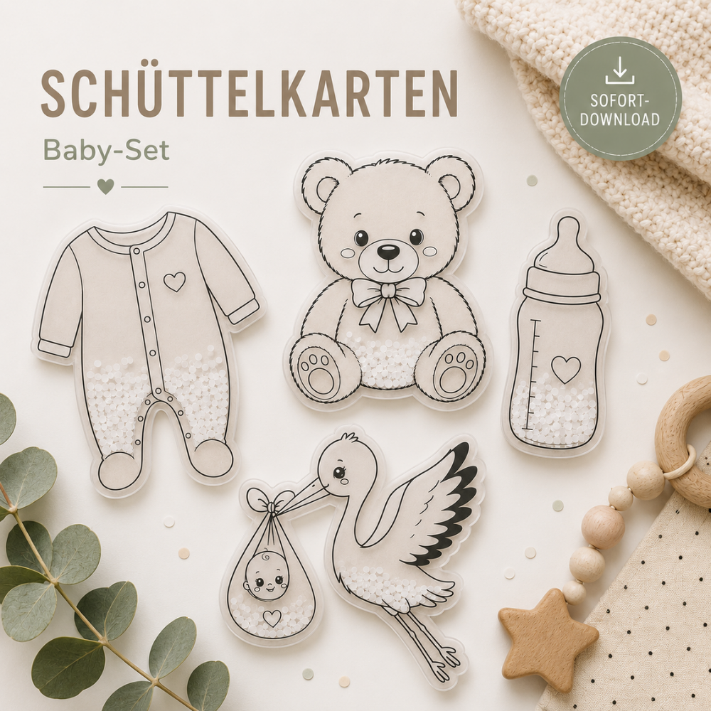 Digitale Schüttelkarten mit Teddy, Strampler, Babyflasche und Storch als PDF-Vorlage zum Ausdrucken für Geldgeschenke zur Geburt und Baby Shower.