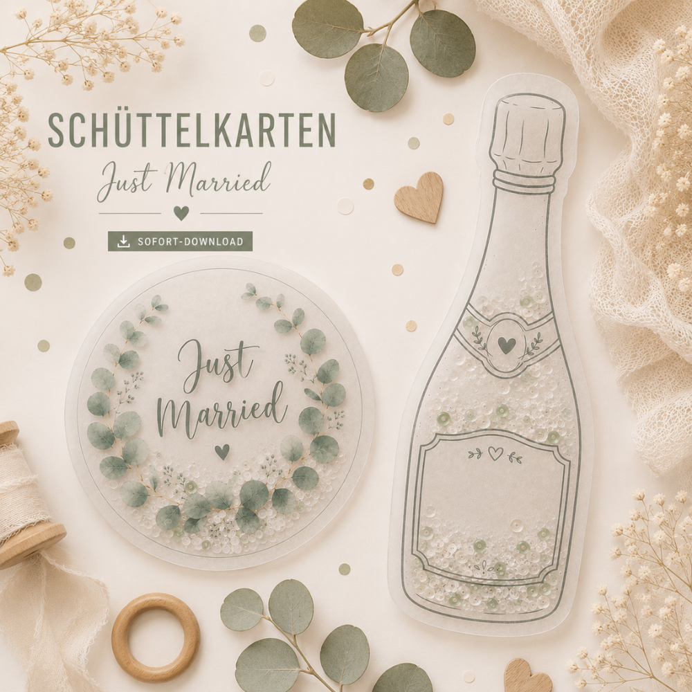 Schüttelkarten zur Hochzeit mit Eukalyptus "Just Married", Mr & Mrs und Sektflasche als PDF-Vorlage zum Ausdrucken für Geldgeschenke und Hochzeitsgutscheine.