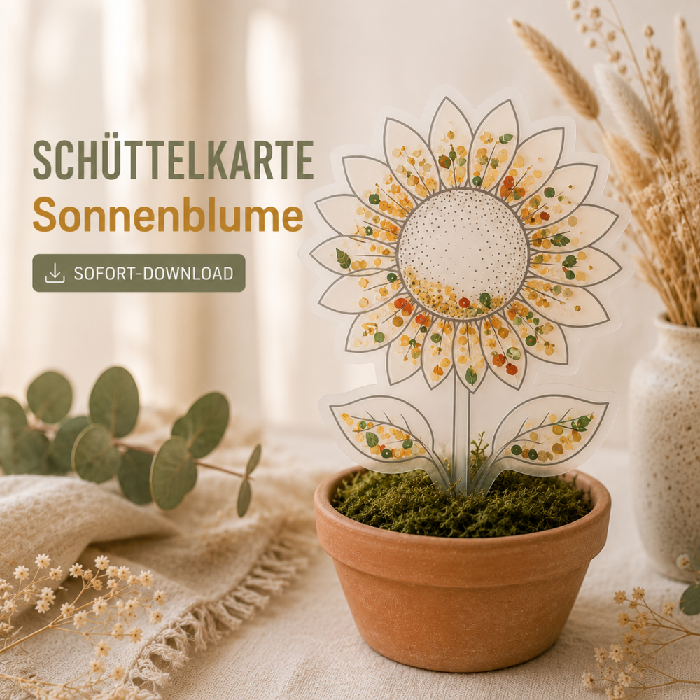 Digitale Schüttelkarte Sonnenblume als PDF-Vorlage zum Ausdrucken für kreative Geldgeschenke und Gutscheine. Perfekt zum Verschenken in einem Blumentopf.