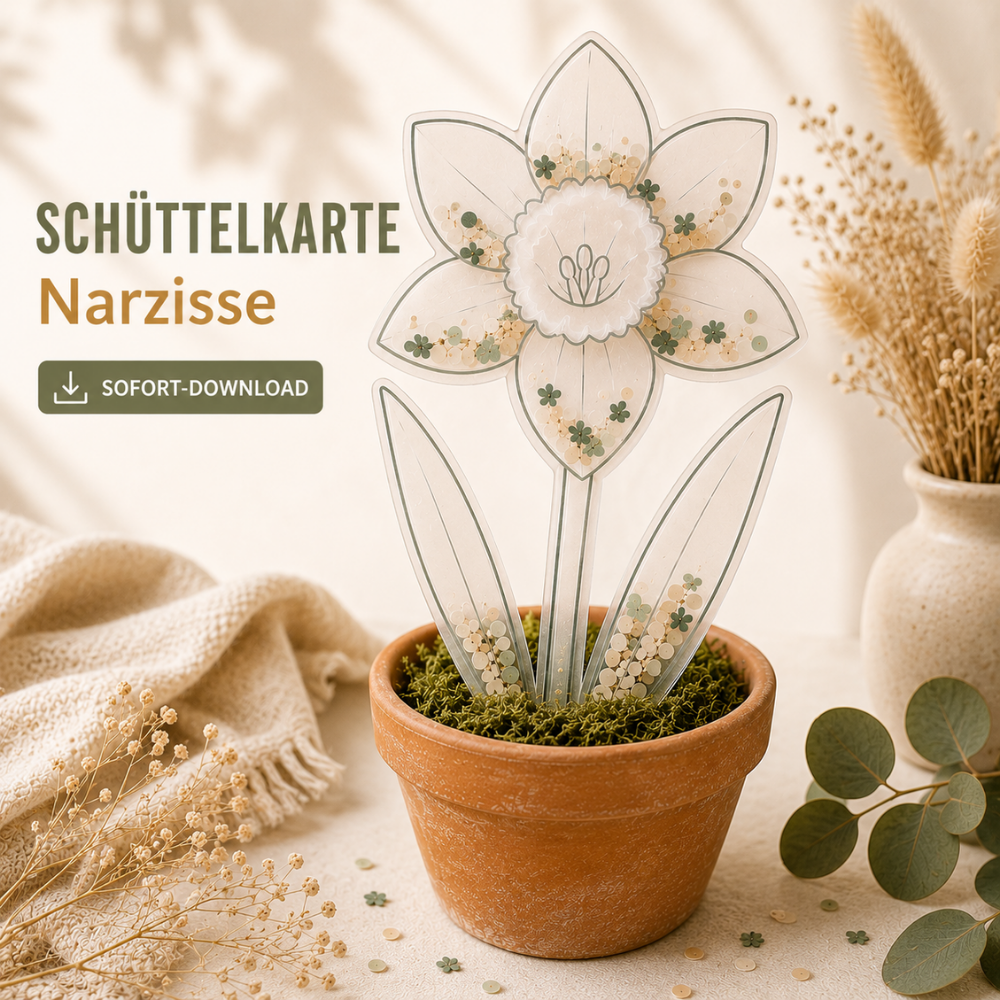 Digitale Schüttelkarte Narzisse als PDF-Vorlage zum Ausdrucken für kreative Geldgeschenke und Gutscheine. Ideal als dekorative Blume im Blumentopf.