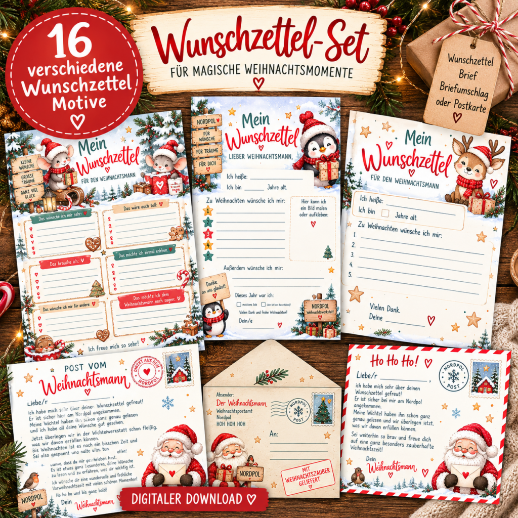 Wunschzettel Weihnachten zum Ausdrucken mit 16 Motiven