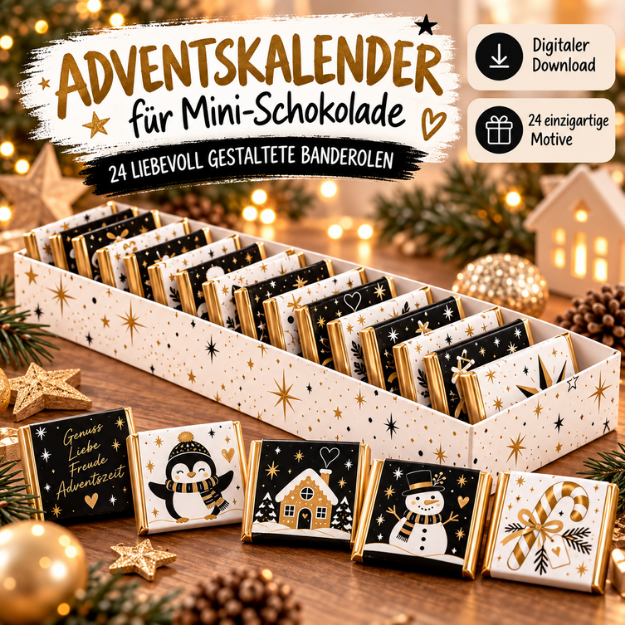 Adventskalender Schwarz Gold moderner Adventskalender eleganter Adventskalender edler Adventskalender DIY Adventskalender Schokolade Ritter Sport Mini Adventskalender Schokoladen Adventskalender Adventskalender Erwachsene Adventskalender selber machen Mini Schokolade Adventskalender Adventskalender Druckvorlage Adventskalender PDF Adventskalender zum Ausdrucken Weihnachten Schwarz Gold moderner Weihnachtskalender 24 Schokoladenbanderolen Adventskalender Banderolen