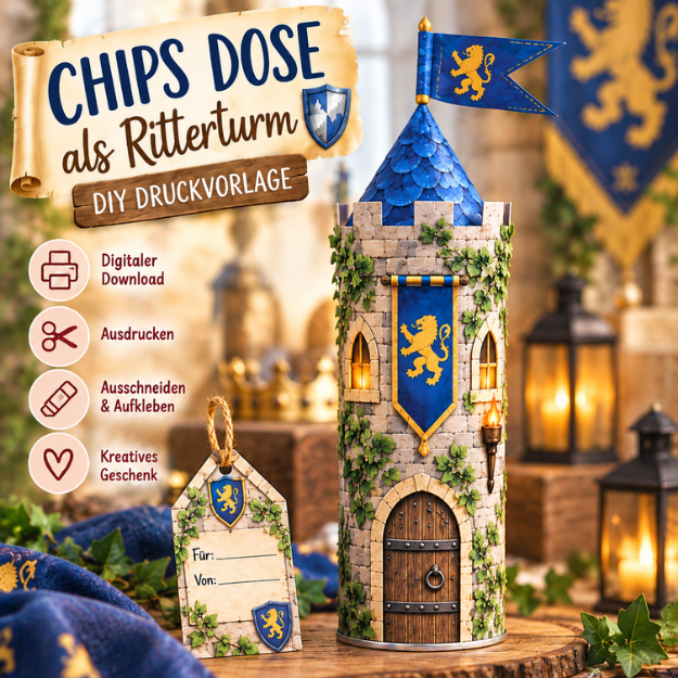Banderole für die Chipsdose Turmumrandung mit Burgzinnen Dach für den Ritterturm Kleine Ritterfahne für die Turmspitze Passender Geschenkanhänger Digitale Druckvorlagen zum Selbstausdrucken
