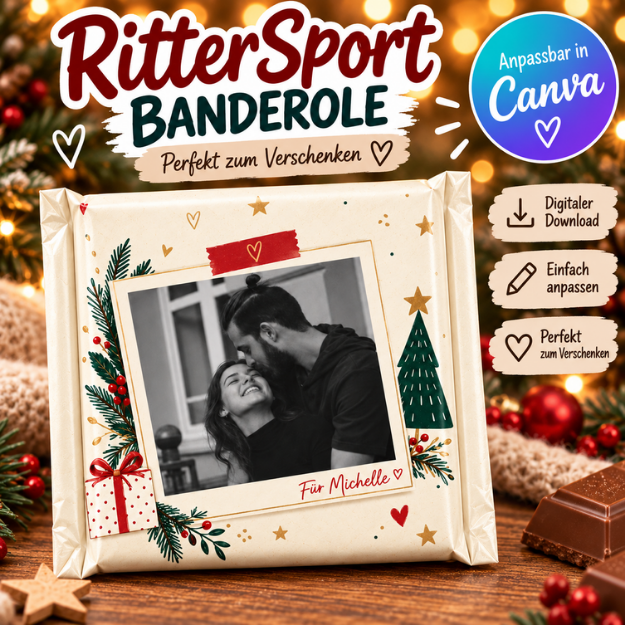 Ritter Sport Ritter Banderole Banderole Foto Geschenk mit Foto Fotogeschenk Xmas Canva Vorlage Weihnachten DIY Schokolade Geschenk Foto Weihnachten Druckvorlage personalisierbar Geschenk Familie Weihnachtsgeschenk