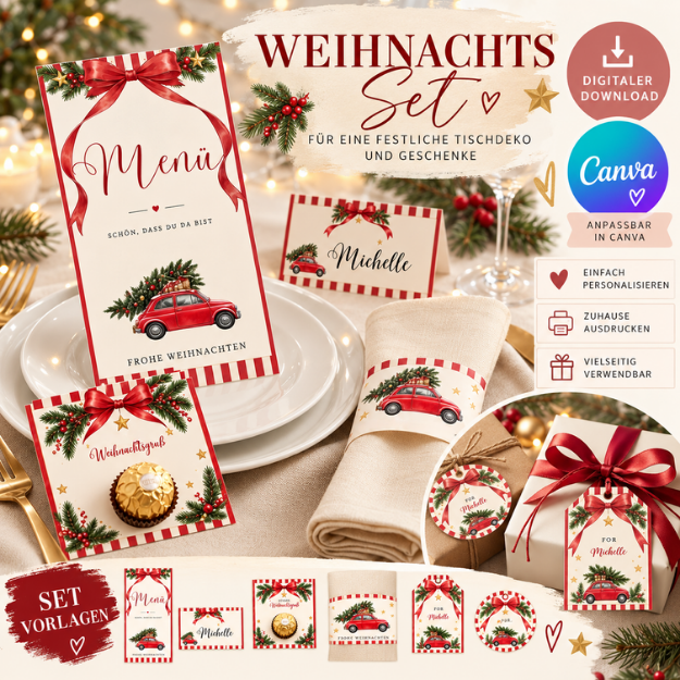 Tischdeko Xmas Weihnachtstisch Canva Vorlage Menükarte Xmas Tischkarten Xmas Namenskärtchen Weihnachtsmenü Tischdeko Set Gastgeschenk Xmas Weihnachten DIY Druckvorlage personalisierbar Christmas Dinner