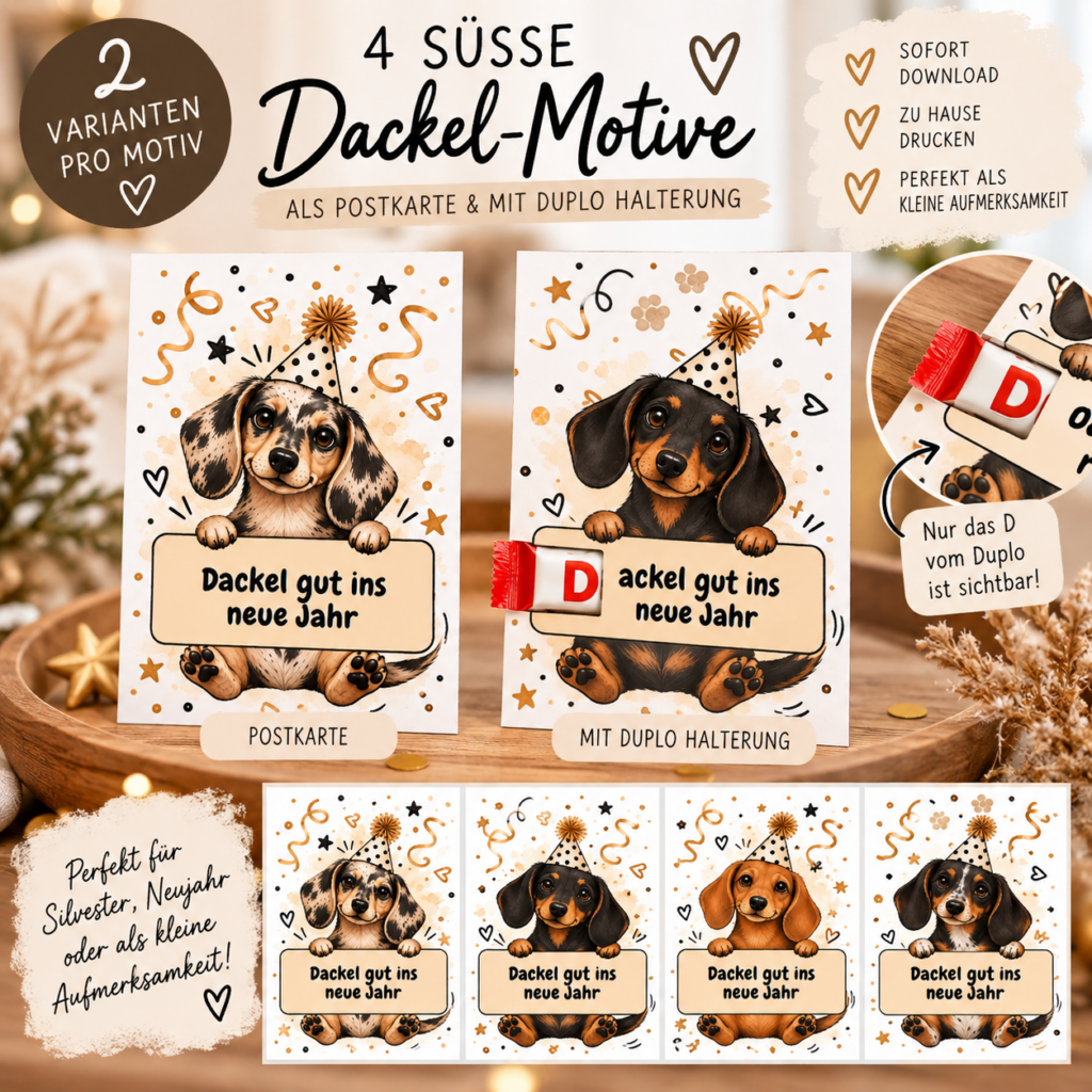 Dackel Silvester Geschenk mit Duplo zum Ausdrucken