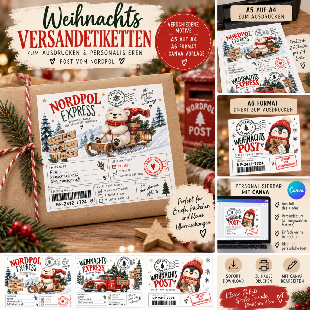 Weihnachts Versandetiketten zum Ausdrucken für Briefe und Pakete